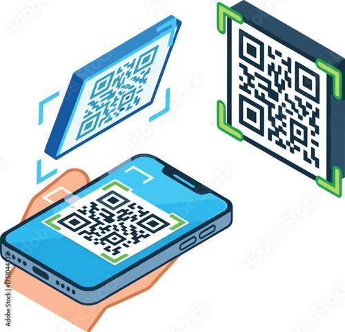 Isometric QR Code and Scan Vector Icons.