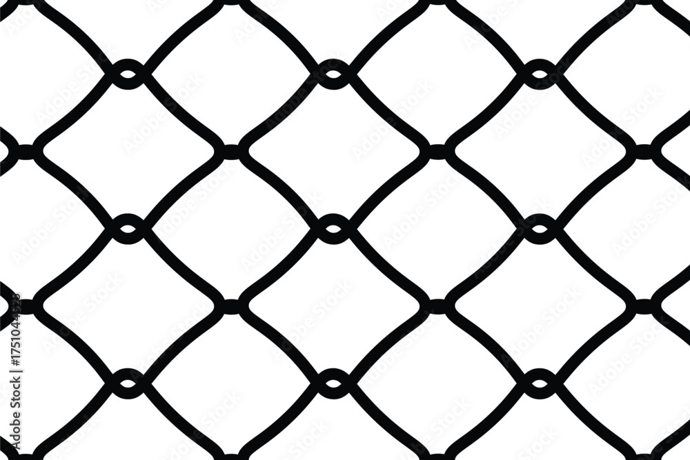 Naklejka premium Seamless black outline vector pattern of a chain link fence or wire mesh. Interlocking diamond grid texture representing security, barrier, and enclosure. Flat, graphic, and isolated on white.