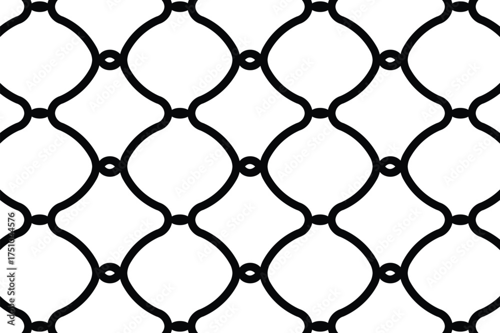 Naklejka premium Seamless black outline vector pattern of a chain link fence or wire mesh. Interlocking diamond grid texture representing security, barrier, and enclosure. Flat, graphic, and isolated on white.