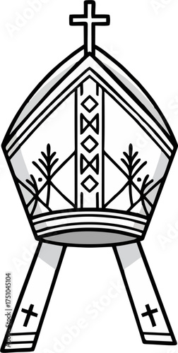 Minimalist Bishop Mitre Vector – Geometric Cross and Plant Motif Linear Catholic Clergy Hat Illustration