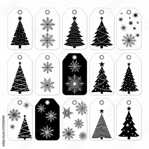 Set of Black and White Christmas Gift Tags with Trees, Snowflakes, and Stars