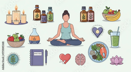 Set of Mindfulness and Wellness Icons - Yoga and Meditation Vector Illustration