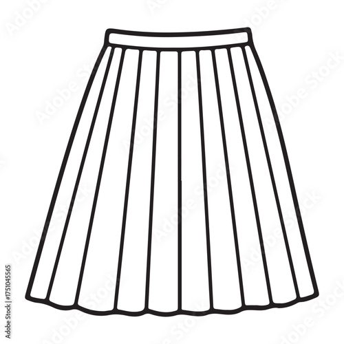Illustration of a line art pleated skirt fashion garment design template with a waistband for clothing fashion design projects