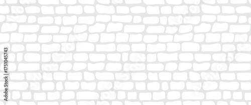 Brick wall background, white tile cobble seamless pattern, block stone texture. Kitchen ceramic bg, subway stone repeat. Cartoon gray rock building banner. Simple architecture vector illustration