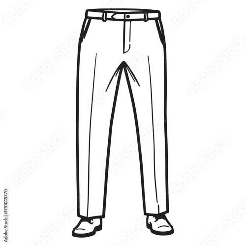 Illustration of mens dress pants with belt and shoes black and white outline sketch for fashion and style concept