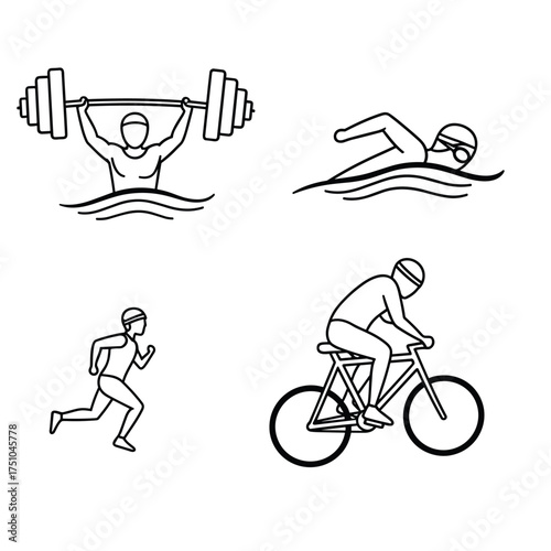 Minimalist Triathlon Sports Vector Icon Set. Black Outline Illustration of Weightlifting, Swimming, Running, and Cycling. Graphic Assets for Fitness, Health, Competition, and Active Lifestyle.