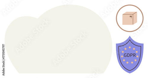 Cloud shape with security badge labeled GDPR and cardboard box, representing data privacy, compliance, storage, delivery, digital security, cloud computing, and protection in a simple flat metaphor