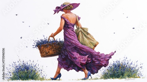 A woman in a purple dress and hat