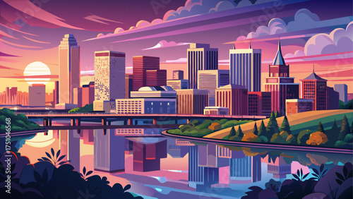 Very beautiful Richmond Virginia skyline reflecting on the James River under a pastel evening sky with city lights glowing in harmony.
