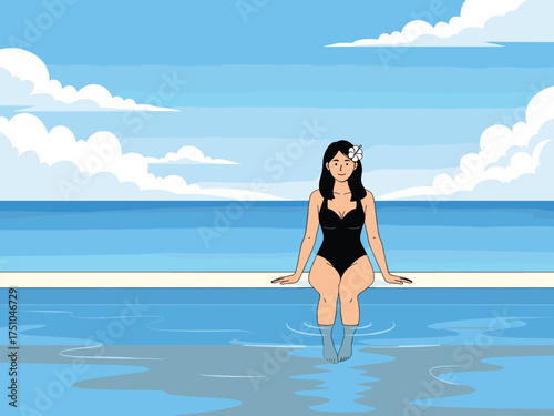Smiling woman in a black swimsuit relaxing by the ocean, dipping her feet in the clear blue water. Perfect for summer, vacation, and tropical themes