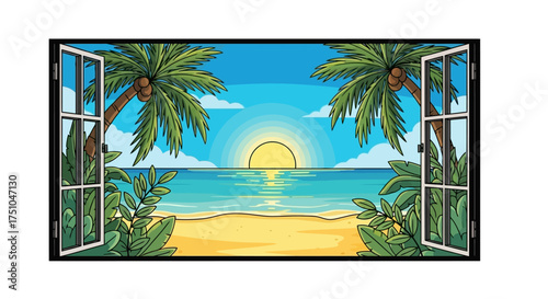 Cartoon illustration of an open window looking out onto a tropical beach paradise with palm trees at sunrise.
