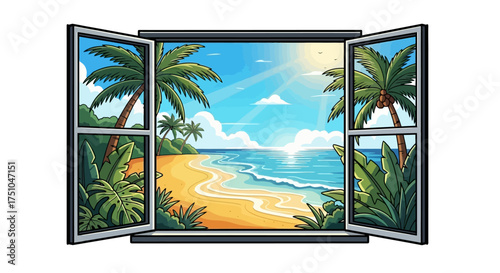 An open window reveals a vibrant tropical beach scene with palm trees, golden sand, and turquoise ocean waves under a sunny sky.