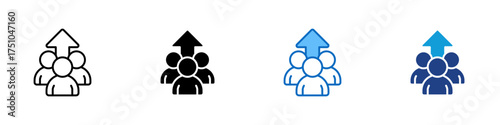 Team Growth Multiple Style Icon Design Vector - Three people with an upward arrow, symbolizing teamwork, career advancement, and success achievement