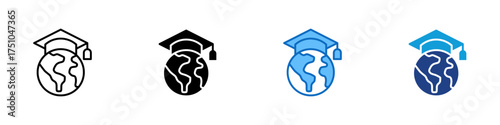 Global Education Multiple Style Icon Design Vector - Globe with graduation cap representing worldwide learning, international study, and global knowledge exchange