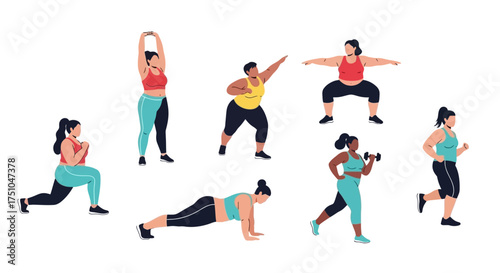 A diverse group of plus-size women engaged in various fitness activities like yoga, running, and weightlifting.
