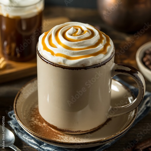 Close-up of a delicious hot drink topped with whipped cream and caramel drizzle