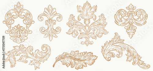 Elegant vintage baroque floral ornament set with detailed acanthus leaves and scrollwork. Perfect for luxury invitations, antique frames, and classic decorative vector design.