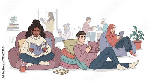 A diverse group of men and women of different ethnicities and ages reading books and tablets in a cozy, relaxed setting.