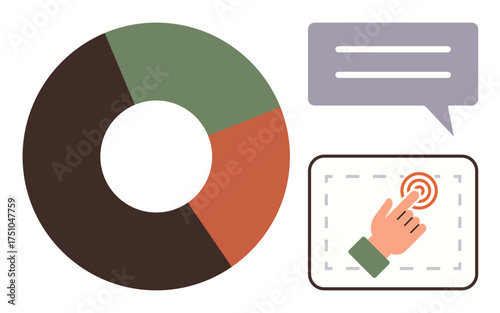 Pie chart with segmented data, interactive touch screen hand gesture, and a speech bubble. Ideal for analytics, communication, interactivity, business, presentation strategy education. Simple flat