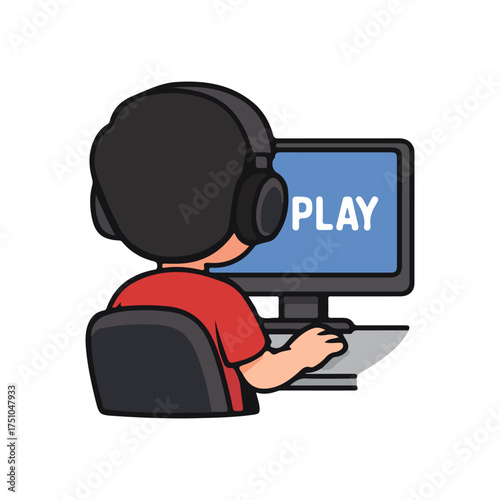 Cartoon Gamer Boy Playing Computer Game. Kid Sitting at Desk with Headphones in Front of Monitor.
