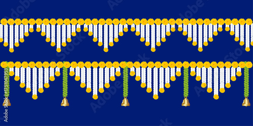 Traditional Indian Toran Decoration with Yellow Marigold Flowers and Hanging Bells on Blue Background, Festive Garland Vector Design for Diwali, Wedding, or Celebration Ornament Illustration