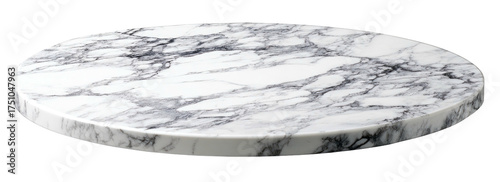 A round, marble-patterned surface with gray veining and a subtle shadow against a black background