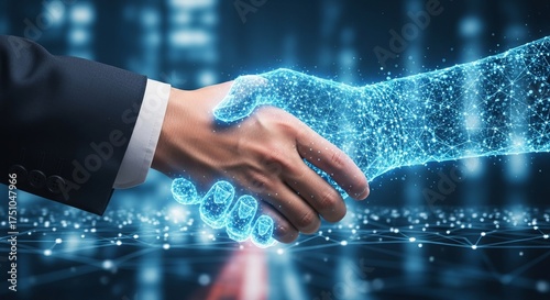 Wallpaper Mural Futuristic Handshake Between Human and AI with Digital Glow Torontodigital.ca