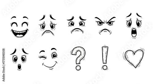 A collection of hand-drawn cartoon facial expressions and symbols in a sketchy doodle style on a white background.