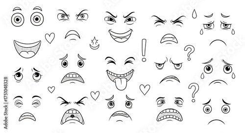 Collection of hand-drawn cartoon facial expressions depicting various human emotions and feelings in outline style.