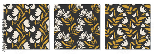 Set of trendy minimalist seamless botanical pattern with abstract creative hand drawn composition