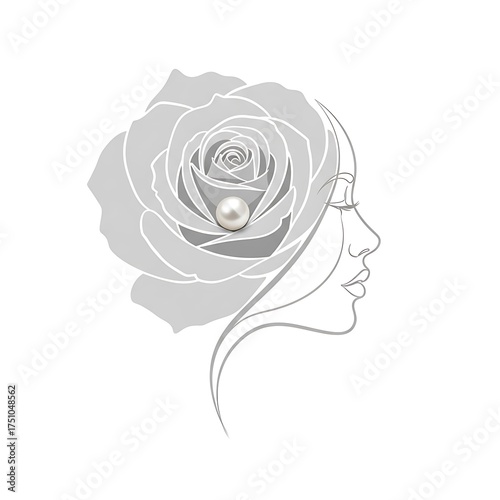 Elegant Woman Profile with Rose and Pearl - Beauty and Femininity.