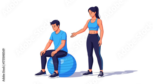 A fitness instructor assisting a man sitting on a blue exercise ball, offering guidance.