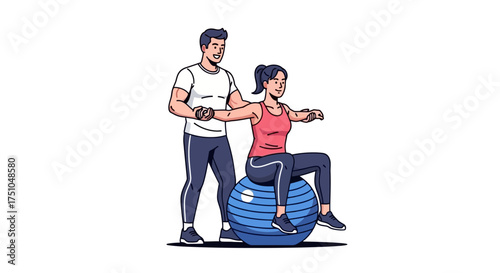 Woman on exercise ball with trainer assisting.