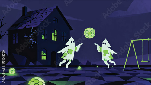 Illustration Of Ghost Children Playing In The Yard Of A Haunted House Vector Design Template