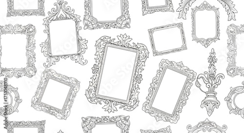 A seamless pattern of various hand-drawn, ornate, and vintage picture frames scattered on a white background.