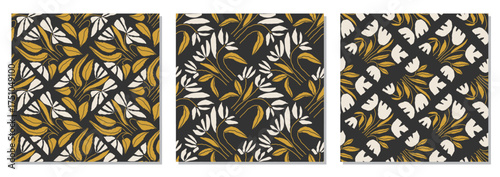 Set of trendy minimalist seamless botanical pattern with abstract creative hand drawn composition