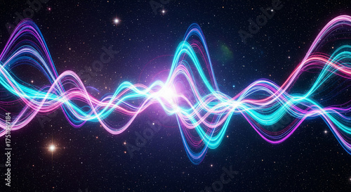 Abstract neon rainbow-colored waves flowing on a starry space background. Futuristic and digital style, shining and sparkling effects, psychedelic and energetic cosmic atmosphere
