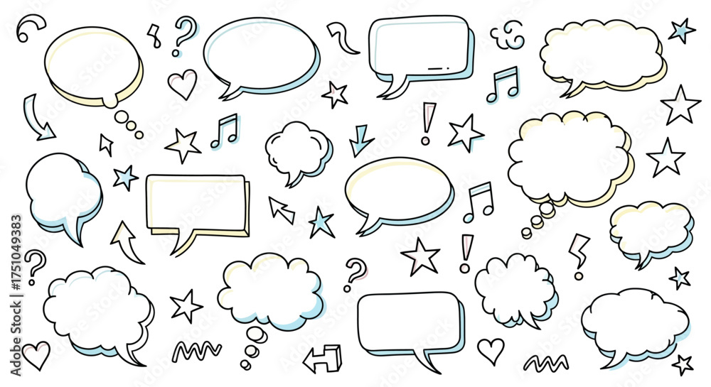 Obraz premium A collection of hand-drawn comic style speech bubbles, thought clouds, and various doodle elements on a white background.