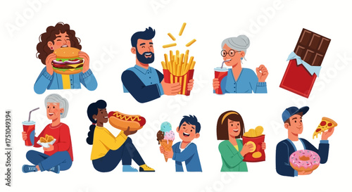 A diverse group of people enjoying various unhealthy fast foods and sweets.