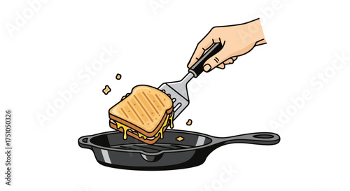 A hand uses a spatula to flip a golden-brown grilled cheese sandwich with melted cheese dripping out in a cast iron skillet.