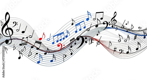 Wavy musical staves with colorful black, blue, and red notes flowing across a white background.