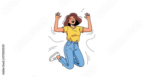 A joyful young woman with brown hair, wearing a yellow t-shirt and blue jeans, is captured mid-air as she joyfully jumps with her arms raised high.
