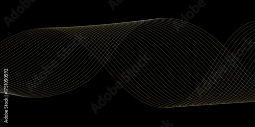 Abstract wave element for design. Digital frequency track equalizer. Stylized line art background, Geometric golden line vector waves on black  background. Editable stroke.