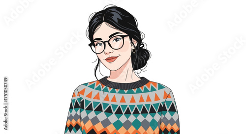 A young woman with dark hair pulled back, wearing glasses and a colorful patterned sweater, looking to the side with a slight smile.
