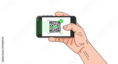 A hand holding a smartphone displaying a successfully scanned or validated QR code with a green checkmark on a white background.