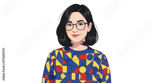 Illustration of a young woman with short black hair, wearing glasses and a colorful sweater.