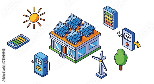 Isometric illustration of a building with solar panels, wind turbine, and related energy elements.