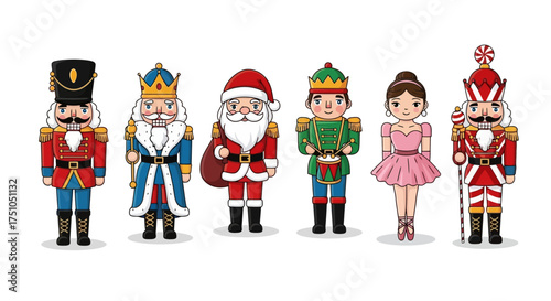 A collection of cute Christmas characters including nutcrackers, Santa Claus, an elf, and a ballerina, isolated on a white background.
