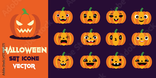 Exciting halloween pumpkin icons set featuring diverse expressions and scary jack-o'-lanterns perfect for holiday design and decor