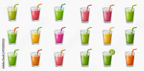 Assortment of colorful smoothies in glasses with straws on a transparent background.